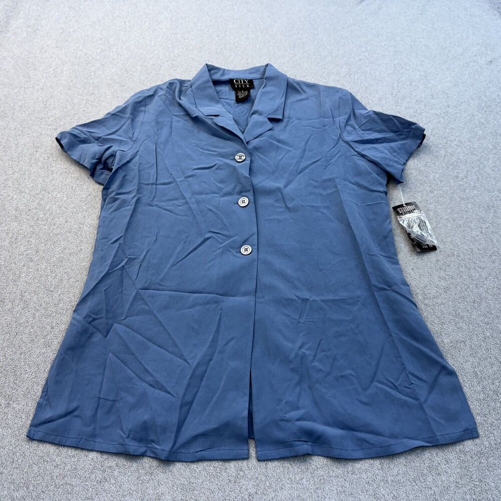 City Silk Vintage Shirt Womens L Blue Button Front Short Sleeve Mature NEW